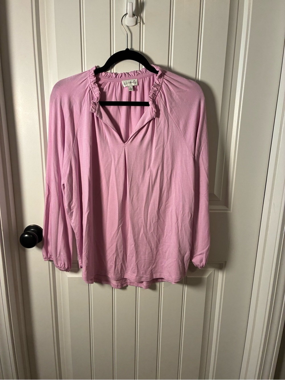 Wonderly Light Pink Ruffle-Trim Long Sleeve Blouse